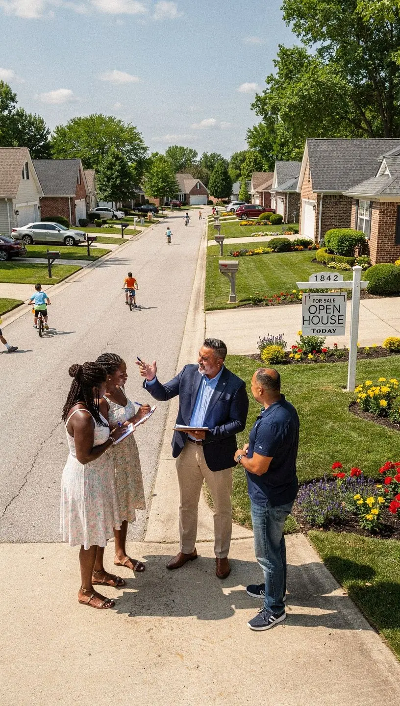 Grupa osób zwiedzająca dom na sprzedaż w spokojnej okolicy przedmieść.