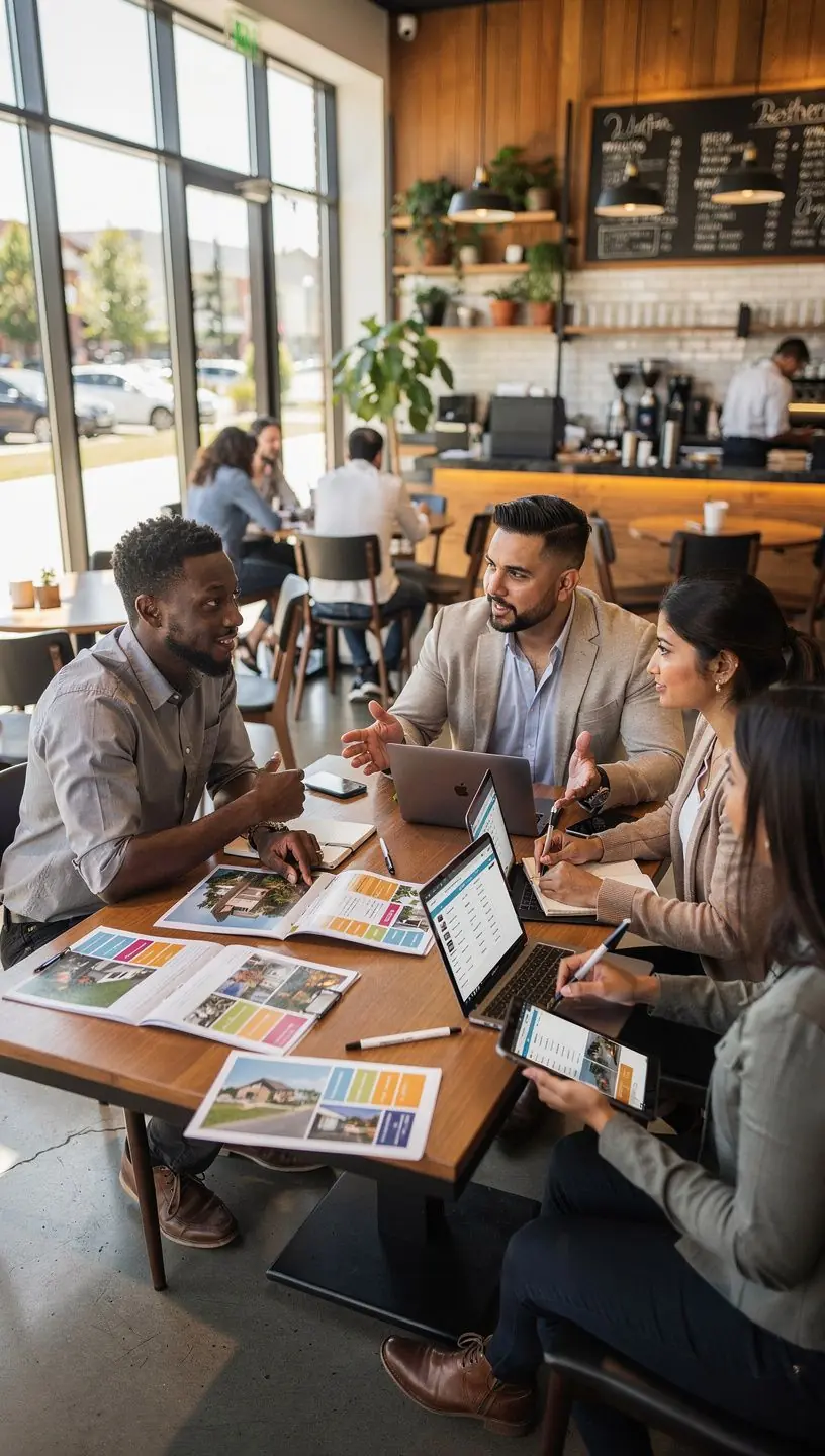 Grupa kupujących oglądających dom podczas zorganizowanej wycieczki po okolicy.