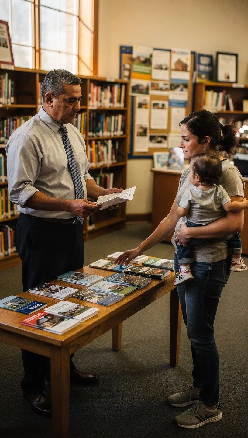 Grupa klientów omawiających opcje wynajmu i zakupu w biurze koordynacyjnym.