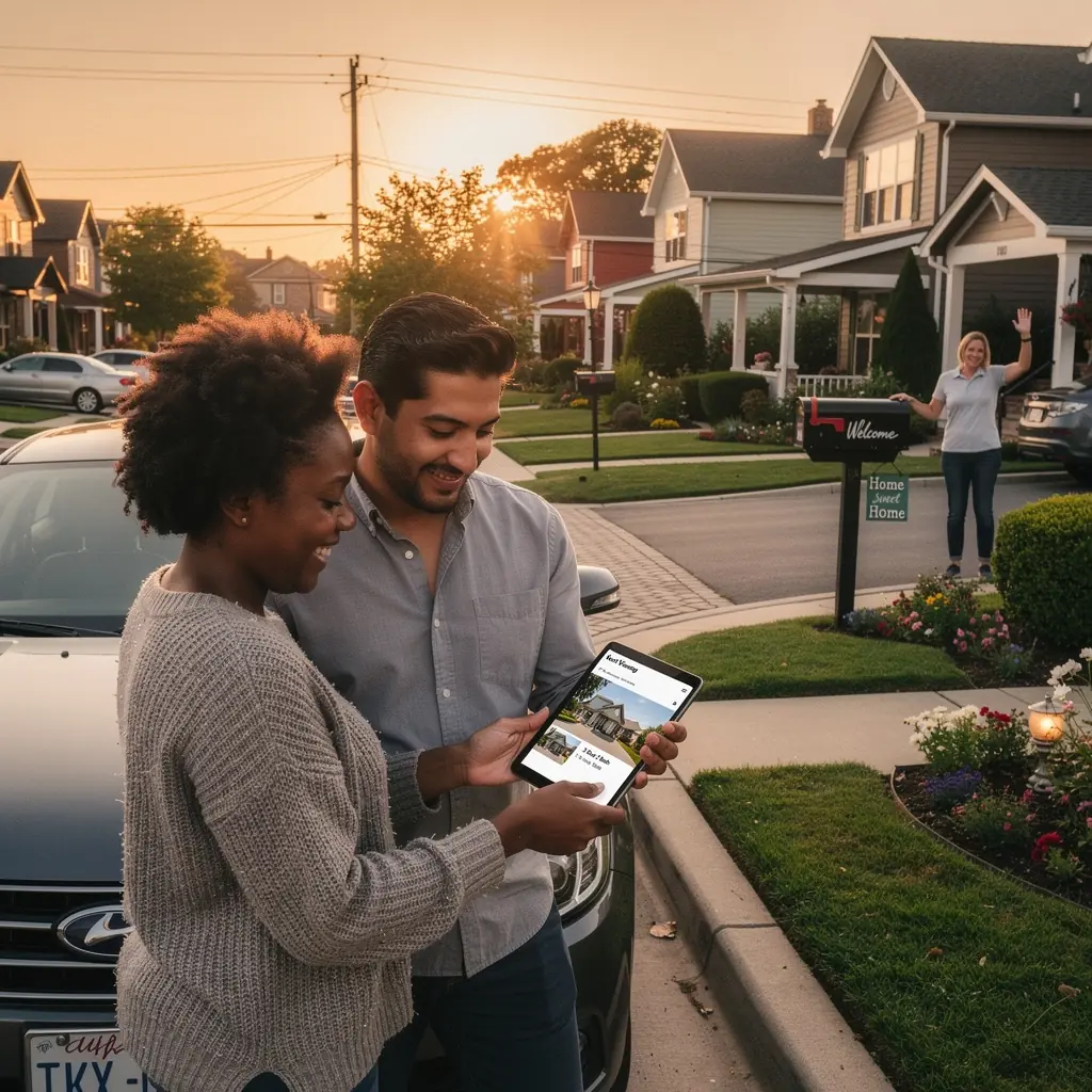 Biuro koordynacji oglądania domów w przedmieściach z mapą tras dla kupujących.