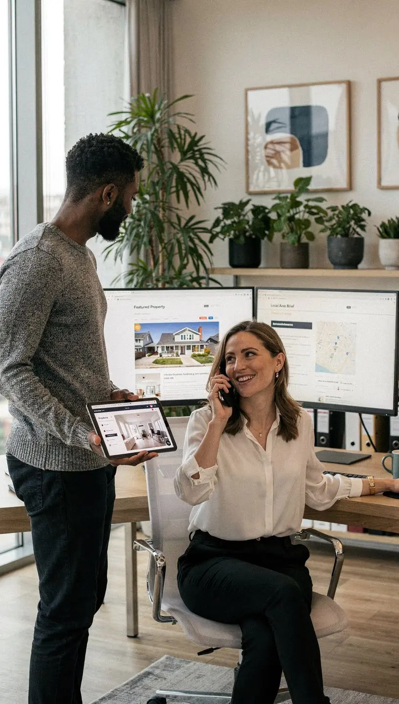 Biuro koordynacji oglądania domów w przedmieściach z mapą tras dla kupujących.