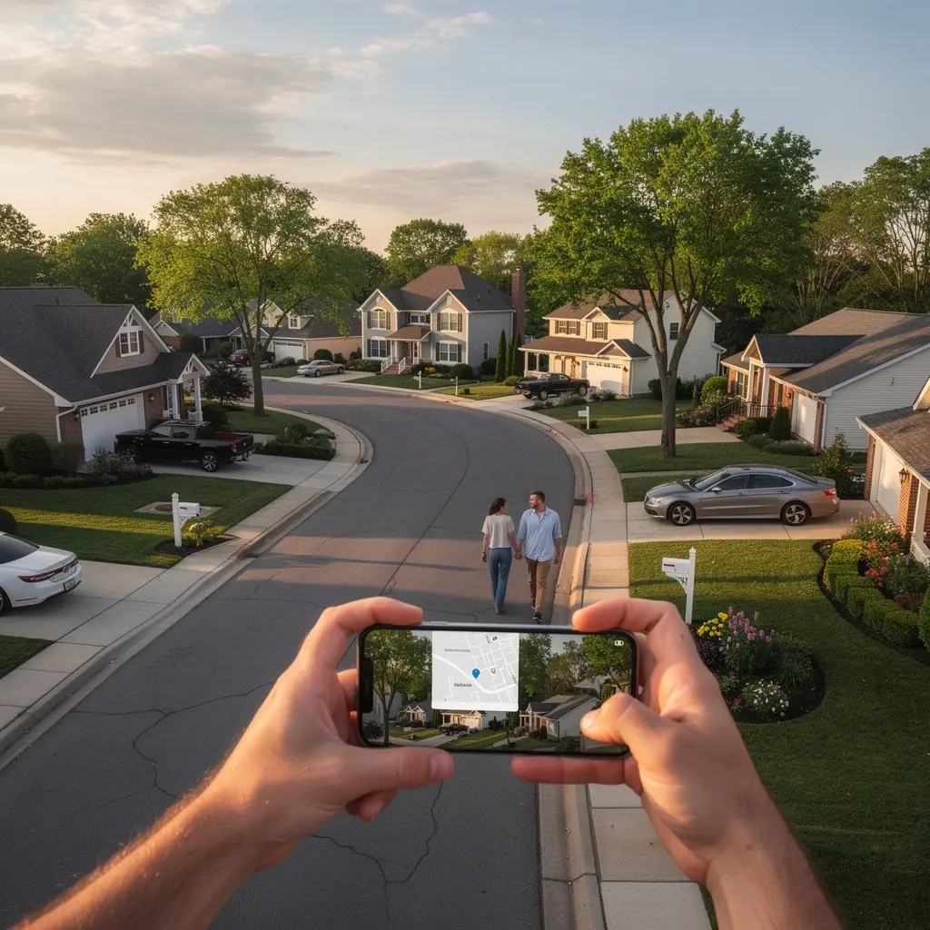 Biuro koordynacji oglądania domów w przedmieściach z mapą tras dla kupujących.