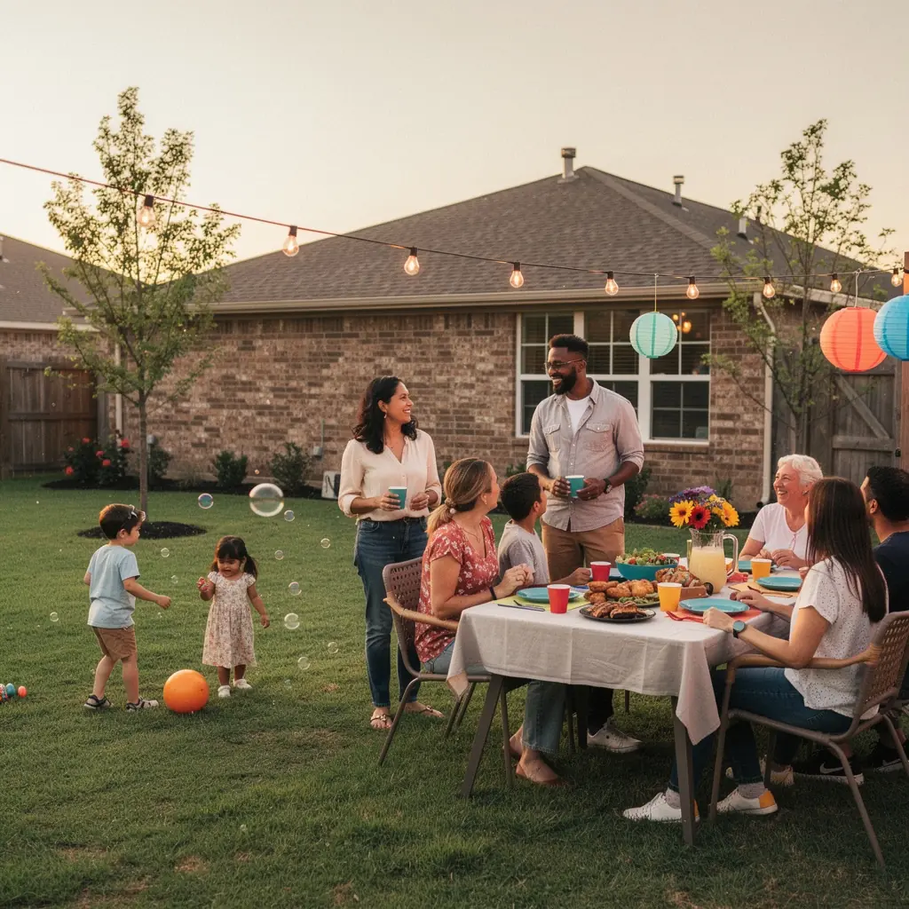 Rodzinny dom w amerykańskich przedmieściach z przytulnym ogrodem i podjazdem.