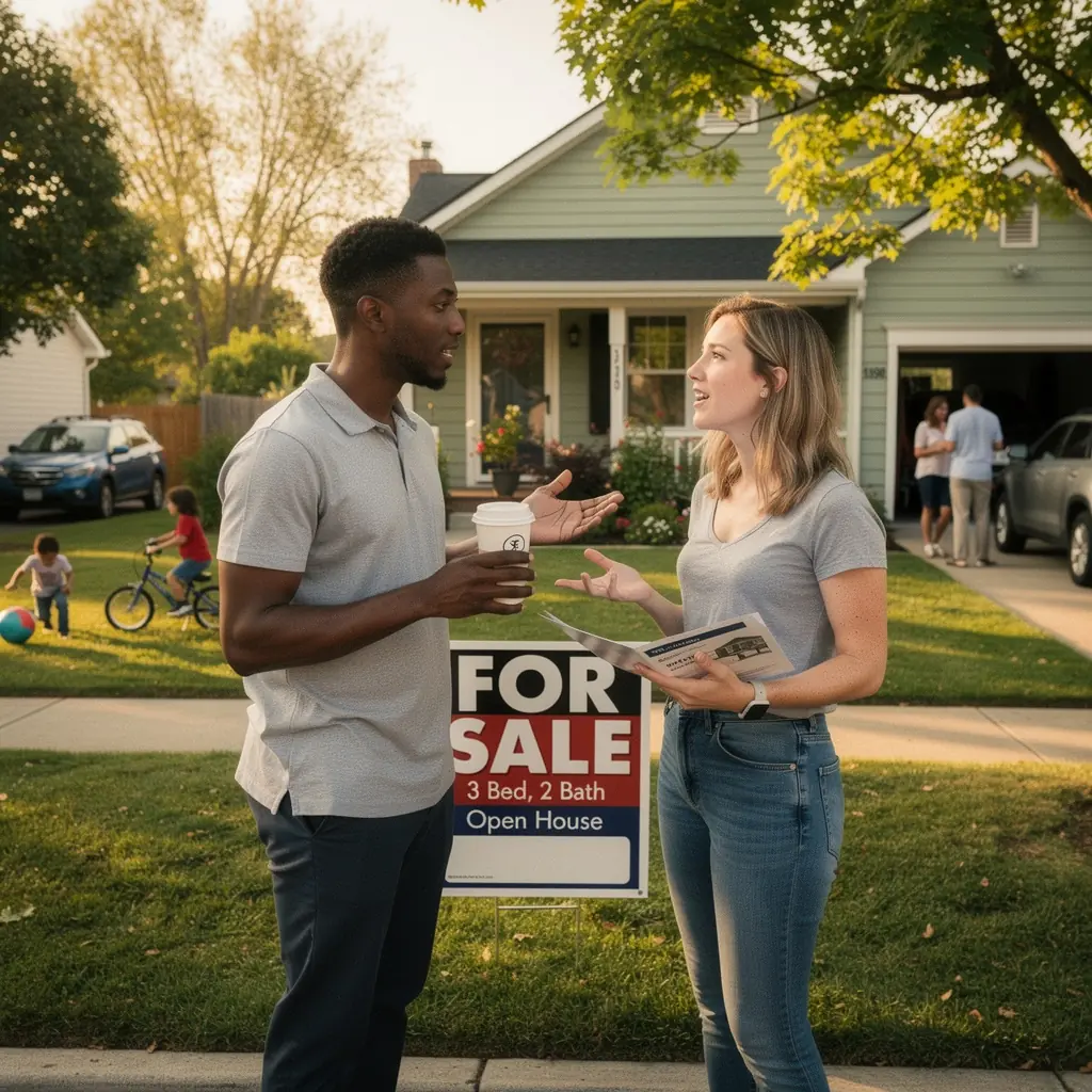 Widok na przytulny dom z ogrodem w suburbannej okolicy.