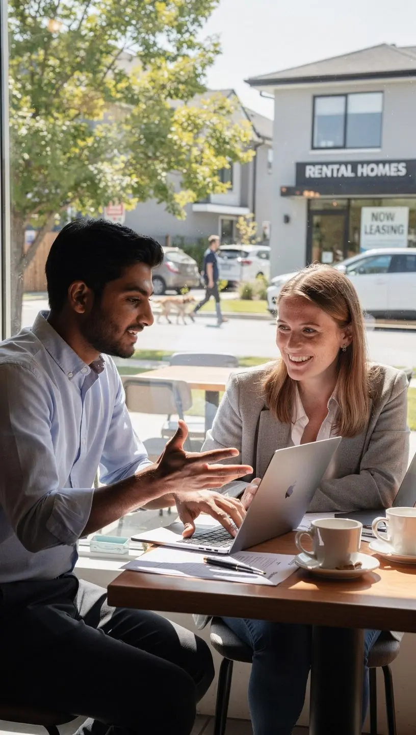 Grupa potencjalnych kupców podczas oglądania nieruchomości z agentem na świeżym powietrzu.